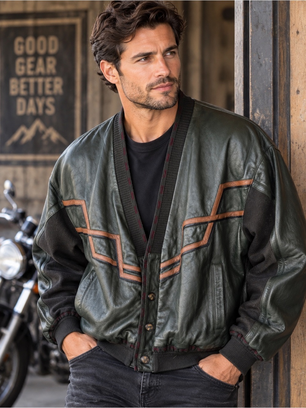 Vintage Cordovan Leather & Acrylic Geometric Knit Bomber Cardigan Jacket